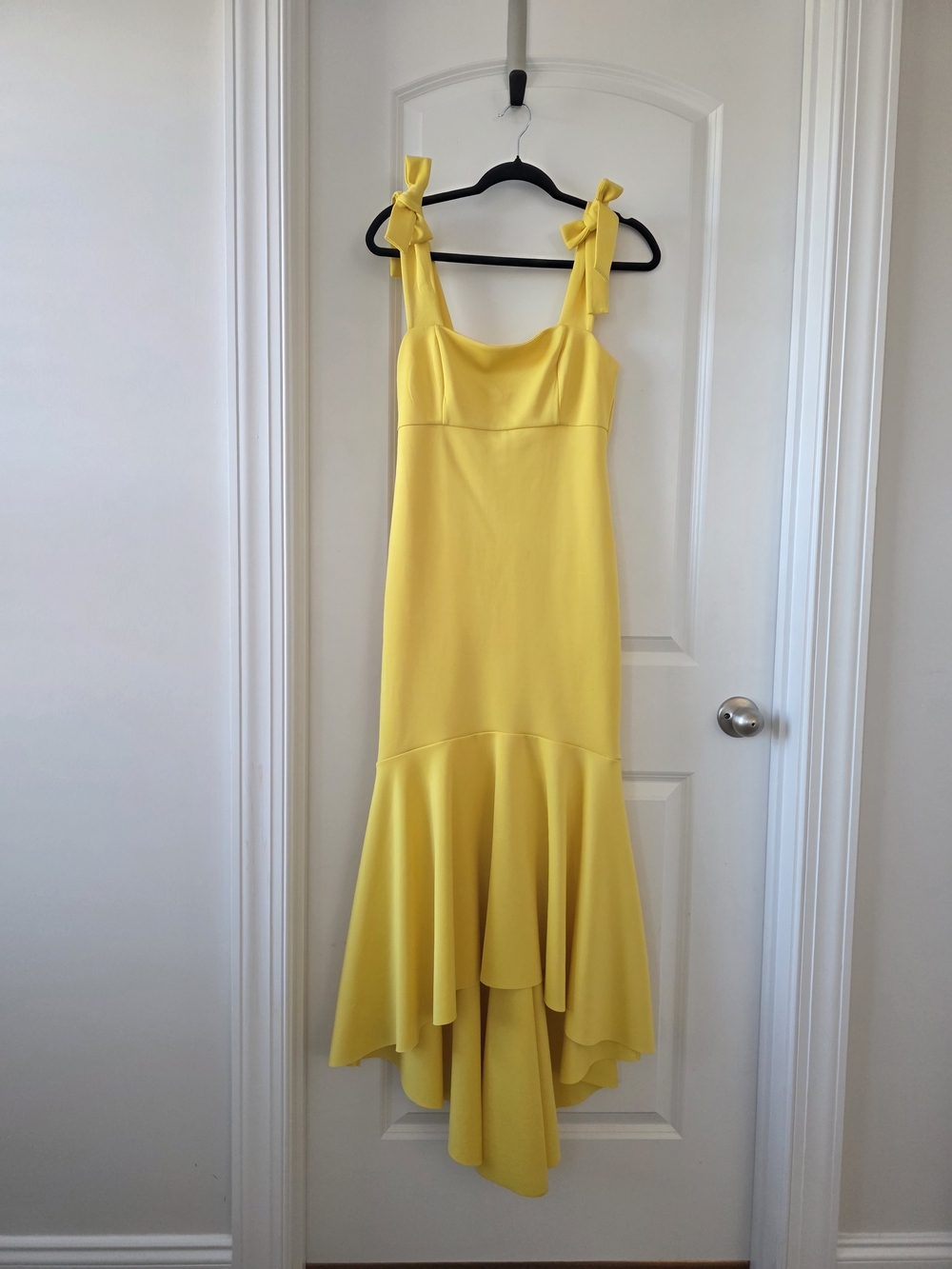 Badgley Mischka Yellow High-Low Tie-Shoulder Mermaid Dress